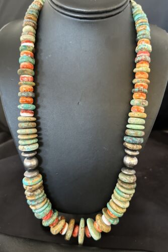 Royston Turquoise Spiny Graduated Navajo Pearls Necklace | Sterling Silver | Authentic Native American | 25" | 17003