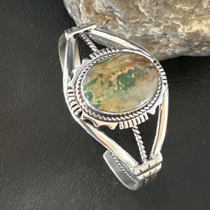 Navajo Green Boulder Turquoise Cuff Bracelet | Sterling Silver | Authentic Native American Handmade | 16245