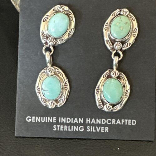 Dry Creek Turquoise Navajo Post Dangle Earrings | Sterling Silver | 1.5" | Authentic Native American Handmade | 17383