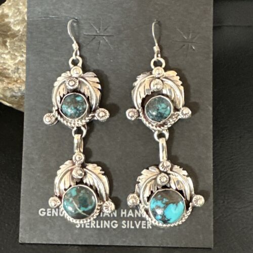 Navajo Blue Spiderweb Turquoise Dangle Earrings | Sterling Silver | Authentic Native American Handmade | 16012