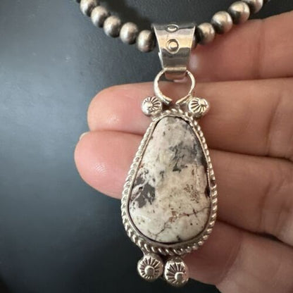 Men's White Buffalo Turquoise Pendant Necklace | Navajo Pearls | Sterling Silver | Native American Handmade | 17332
