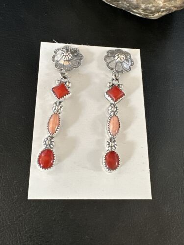 Navajo Red Pink Coral Mother of Pearl Dangle Earrings | Sterling Silver | Authentic Native American Handmade | 15327