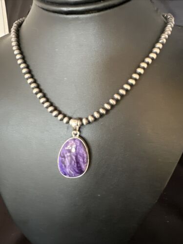 Navajo Pearls Purple Charoite Pendant Necklace | Sterling Silver Beads | Authentic Native American Handmade | 15517