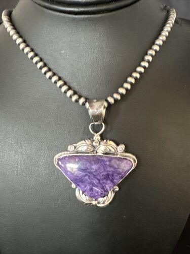 Navajo Pearls Necklace with Purple Charoite Pendant | Sterling Silver | Authentic Native American Handmade | 14883
