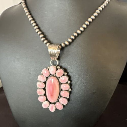 Navajo Pearls Pink Conch Necklace with Multi-Stone Cluster Pendant | Authentic Native American Handmade | 16063