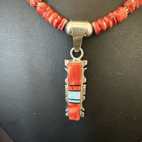 Navajo Red Spiny Oyster Opal Pendant Necklace | Sterling Silver Inlay | Authentic Native American Handmade | 16885