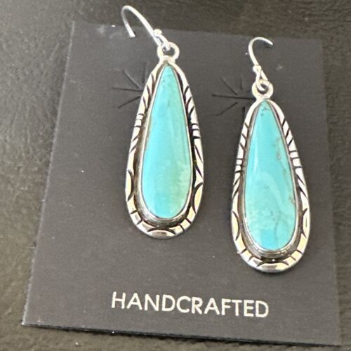 Navajo Blue Turquoise Dangle Earrings | Sterling Silver | Authentic Native American Handmade | 16511