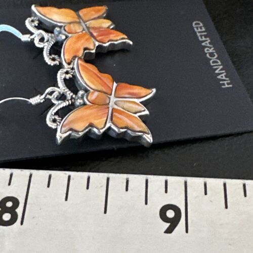 Navajo Butterfly Orange Spiny Oyster Inlay Earrings | Sterling Silver | Authentic Native American Handmade | 16523