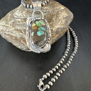 Navajo Blue Spiderweb Turquoise Pendant | Sterling Silver Necklace | 18" Pearls | 15093