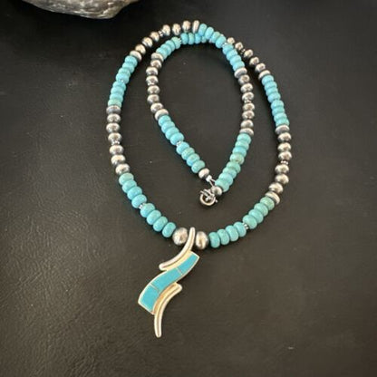 Navajo Blue Kingman Turquoise Inlay Pendant Necklace | Sterling Silver | 21" | Authentic Native American Handmade | 16931