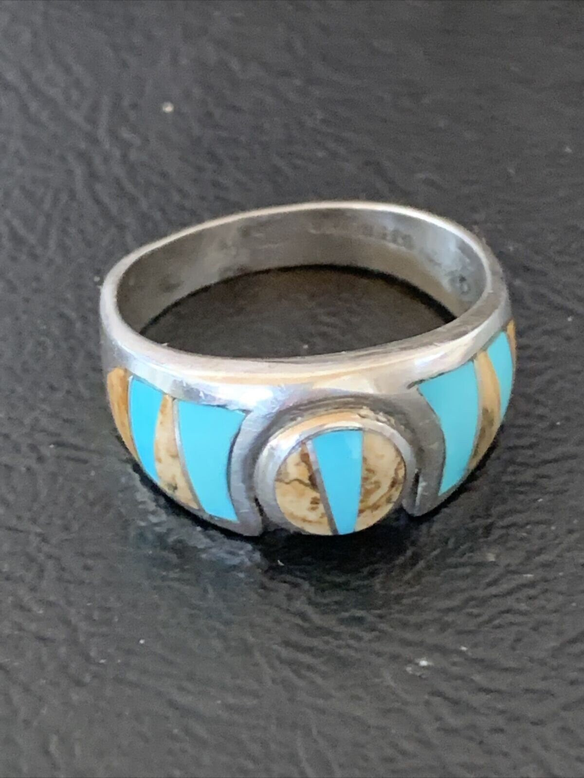 Navajo Coffee Picture Jasper Turquoise Inlay Ring | Sterling Silver | Sz 8.5 | 10982