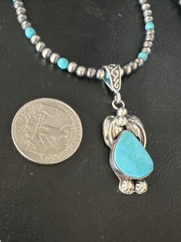 Navajo Pearls Kingman Turquoise Pendant Necklace | Sterling Silver | Authentic Native American Handmade | 14890