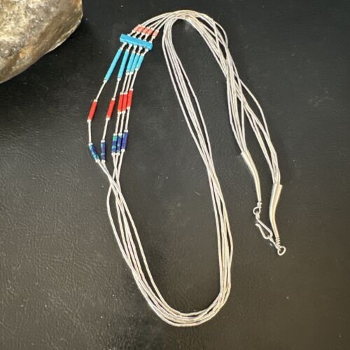 Multi-Color Liquid Silver Heishi 5-Strand Necklace | Sterling Tubes | 25" | 15055