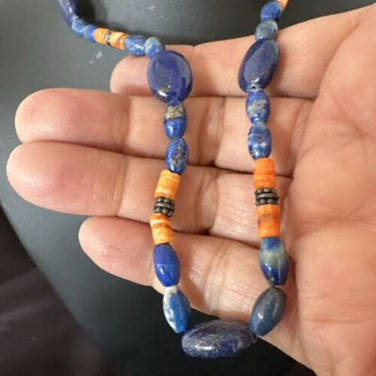 Men's Lapis & Orange Spiny Oyster Navajo Pearls Sterling Silver Necklace 18" | Handmade 17501