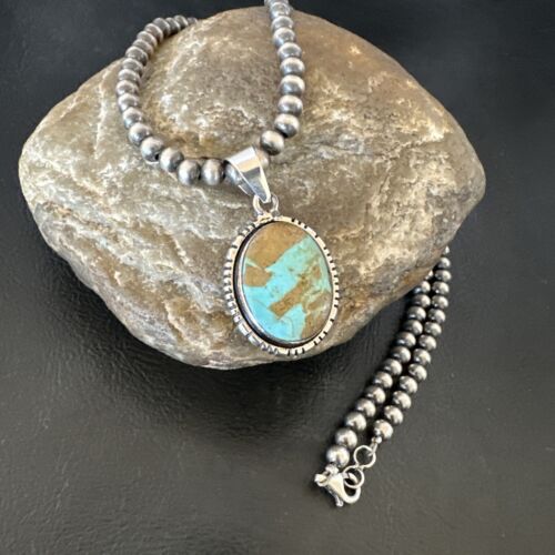 Navajo Blue Turquoise #8 Pendant | Sterling Silver Necklace with Pearls | Authentic Native American Handmade | 16353 - Masha USA