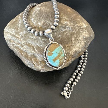 Navajo Blue Turquoise #8 Pendant | Sterling Silver Necklace with Pearls | Authentic Native American Handmade | 16353 - Masha USA
