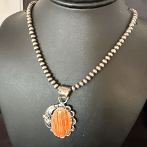 Navajo Orange Spiny Oyster Pendant Necklace | Sterling Silver | Authentic Native American Handmade | 15628