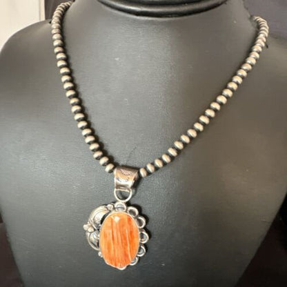 Navajo Orange Spiny Oyster Pendant Necklace | Sterling Silver | Authentic Native American Handmade | 15628