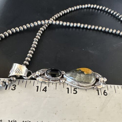 Men's Navajo Pearls Onyx Bumblebee Jasper Pendant | Sterling Silver | Multi-Stone Necklace | 15414
