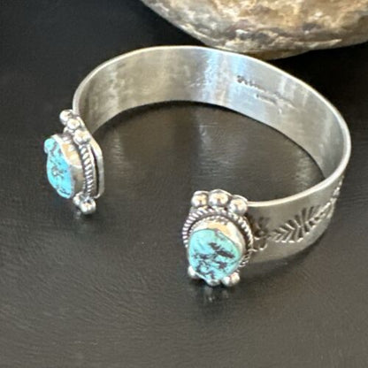 Kingman Turquoise Stamped Cuff Bracelet | Navajo Sterling Silver | Authentic Native American Handmade | 17461
