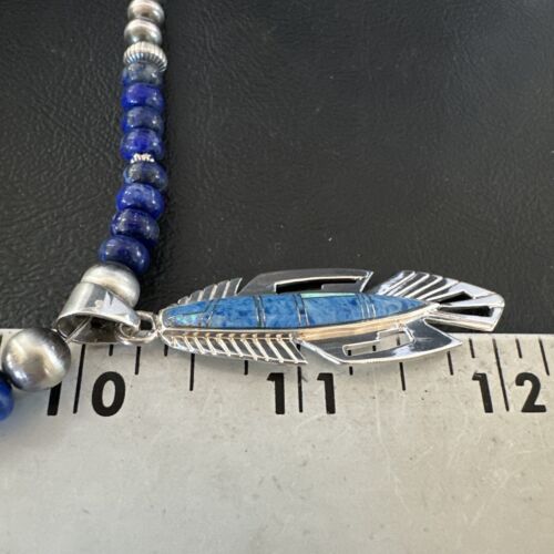 Navajo Blue Denim Lapis Feather Pendant Necklace | Sterling Silver Inlay | Authentic Native American Handmade | 16767