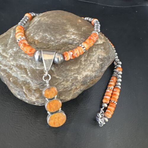 Navajo Orange Spiny Oyster Pendant with Pearls | Sterling Silver Necklace | Authentic Native American Handmade | 15255