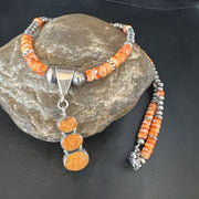 Navajo Orange Spiny Oyster Pendant with Pearls | Sterling Silver Necklace | Authentic Native American Handmade | 15255