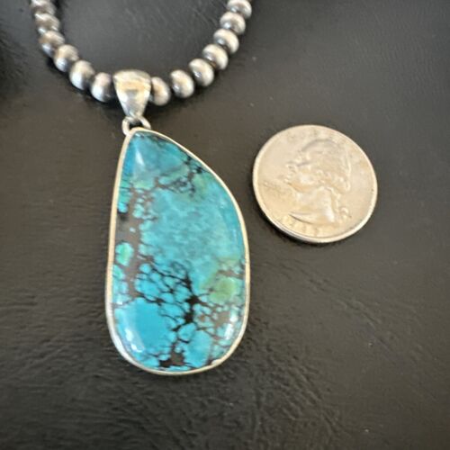 Men's Navajo Blue Spiderweb Turquoise Pendant Necklace | Sterling Silver | Authentic Native American Handmade | 16219