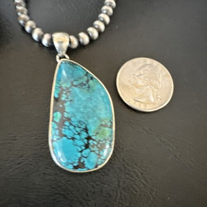 Men's Navajo Blue Spiderweb Turquoise Pendant Necklace | Sterling Silver | Authentic Native American Handmade | 16219