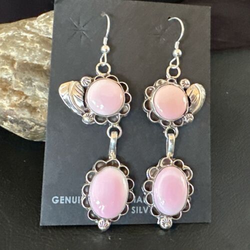Navajo Pink Conch Shell Dangle Earrings | Sterling Silver | Authentic Native American Handmade | 17214