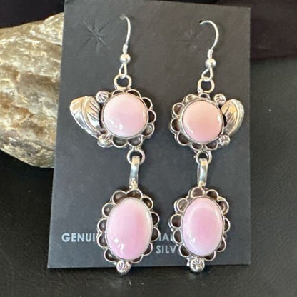 Navajo Pink Conch Shell Dangle Earrings | Sterling Silver | Authentic Native American Handmade | 17214