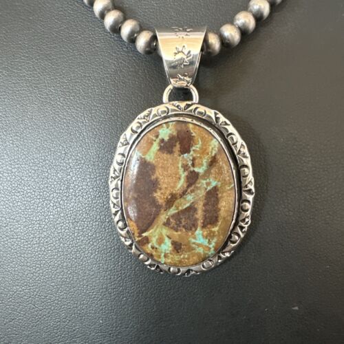 Navajo Green Gaspeite Pendant Necklace | Sterling Silver | Authentic Native American Handmade | 16360