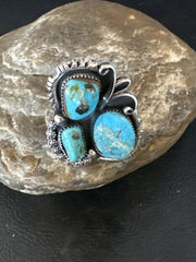 Navajo Blue Turquoise Cluster Ring | Authentic Native American Sterling Silver | Multi-Stone | Sz 8.5 | 14838