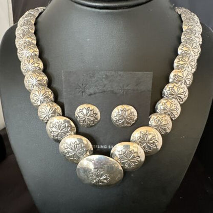 Navajo Pearls Sterling Silver Graduated Pillow Bead Necklace & Earrings Set | Authentic Native American Handmade | 17472