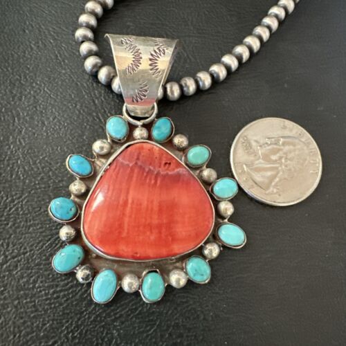 Navajo Blue Kingman Turquoise & Red Spiny Oyster Pendant | Sterling Silver | 17227