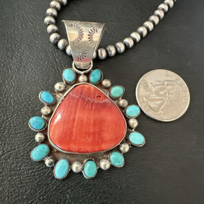 Navajo Blue Kingman Turquoise & Red Spiny Oyster Pendant | Sterling Silver | 17227