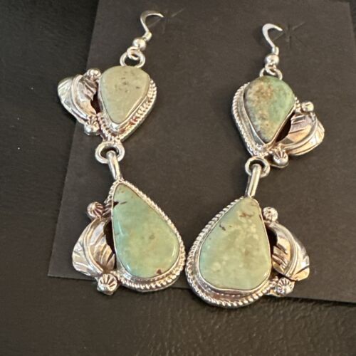 Navajo Green Royston Turquoise Dangle Earrings | Sterling Silver | Authentic Native American Handmade | 16838