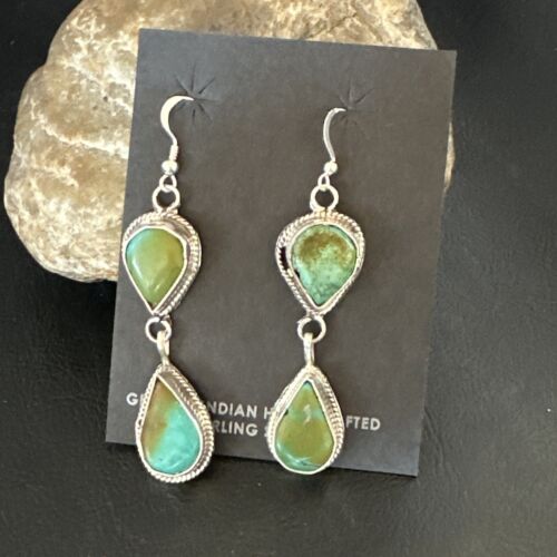 Navajo Green Royston Turquoise Dangle Earrings | Sterling Silver | Authentic Native American Handmade | 16491