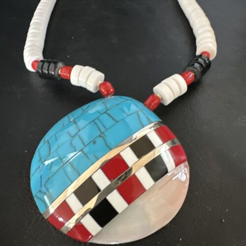 Navajo Shell Turquoise Coral Necklace | Sterling Silver | Stabilized | Inlay | 22" | Authentic Native American Handmade | 15323