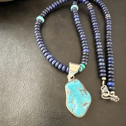 Navajo Lapis Turquoise Pendant Necklace | Sterling Silver | Authentic Native American Handmade | 17434