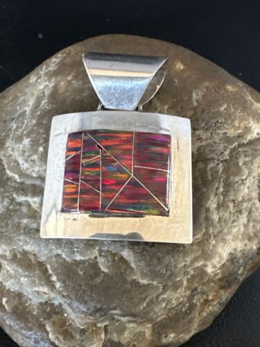 Men's Women's Red Opal Inlay Pendant | Navajo Sterling Silver | Authentic Native American Handmade | 15182