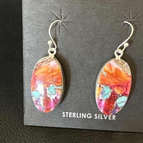Navajo Blue Turquoise Red Spiny Oyster Inlay Dangle Earrings | Sterling Silver | Authentic Native American Handmade | 15562 - Masha USA