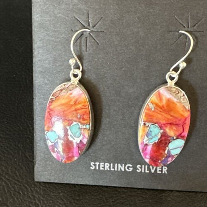Navajo Blue Turquoise Red Spiny Oyster Inlay Dangle Earrings | Sterling Silver | Authentic Native American Handmade | 15562 - Masha USA