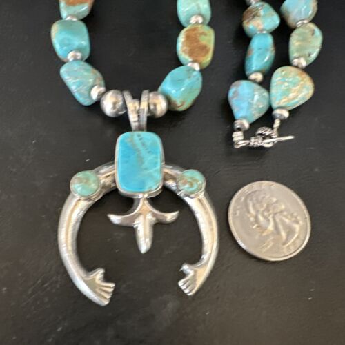 Navajo Blue Turquoise Naja Pendant Necklace | Sterling Silver | Authentic Native American Handmade | 15205