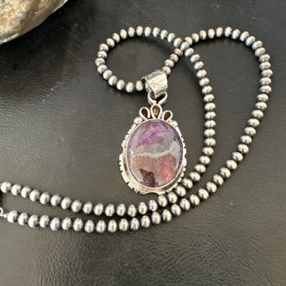 Navajo Pearls Purple Sugilite Pendant Necklace | Sterling Silver Beads | Authentic Native American Handmade | 16461