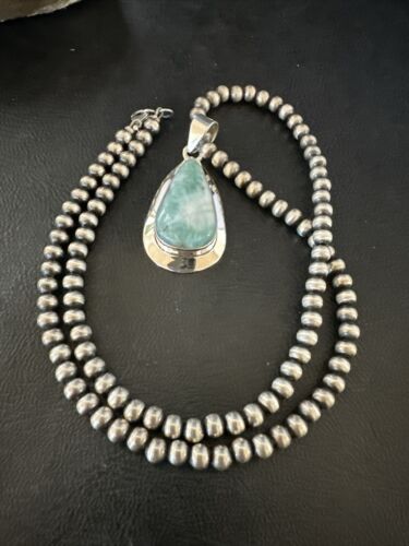 Navajo Blue Larimar Pendant Necklace | Sterling Silver Beads | Authentic Native American Handmade | 17564