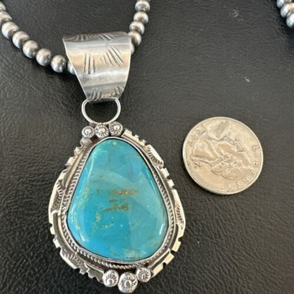 Navajo Pearls Kingman Turquoise Necklace | Sterling Silver | Authentic Native American Handmade | 17131