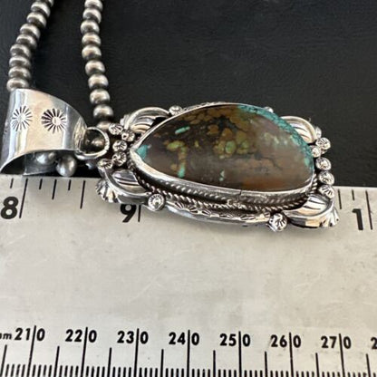 Men's Navajo Green Turquoise Pendant Necklace | Sterling Silver | Authentic Native American Handmade | 17528