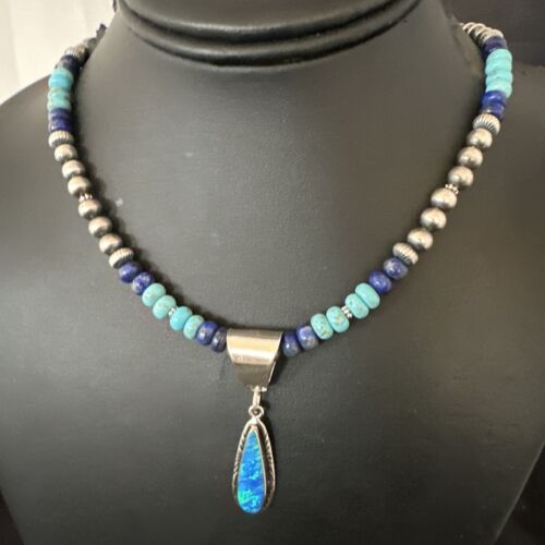 Navajo Blue Opal Turquoise Pendant Necklace | Sterling Silver | Authentic Native American Handmade | 16764