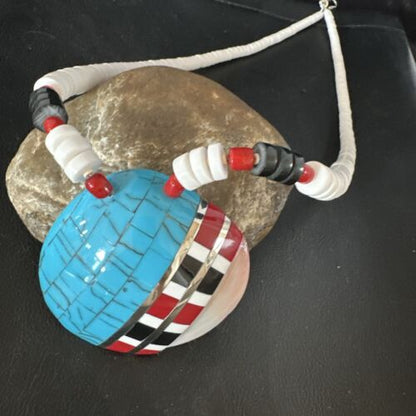 Navajo Shell Turquoise Coral Necklace | Sterling Silver | Stabilized | Inlay | 22" | Authentic Native American Handmade | 15323